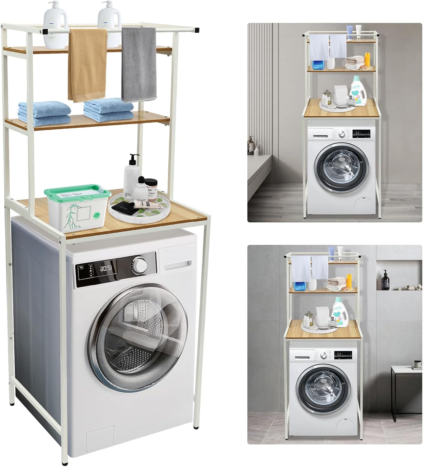 3 Tier Wooden Over The Washer and Dryer Storage Shelf, Bathroom Shelf Washing Machine Storage Shelves Utility Rack Freestanding Laundry Drying Rack Heavy Duty for Bathroom