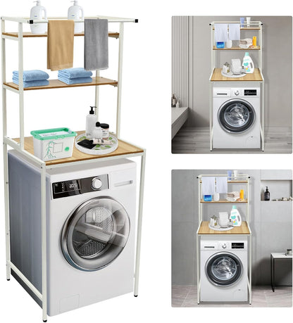 3 Tier Wooden Over The Washer and Dryer Storage Shelf, Bathroom Shelf Washing Machine Storage Shelves Utility Rack Freestanding Laundry Drying Rack Heavy Duty for Bathroom