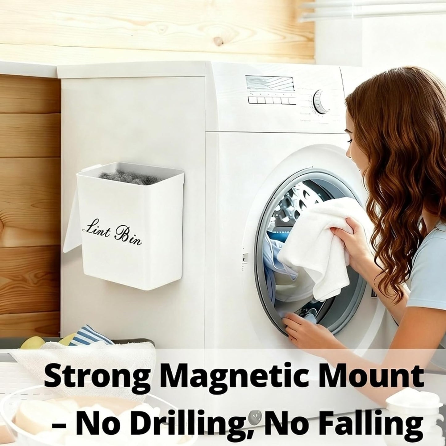 Artilife Magnetic Dryer Lint Bin with Lid, 6 x 5 in White ABS Plastic | Compact 1.8L dryer lint holder mounts to metal appliances without tools; fitted lid hides lint and sheets for laundry room