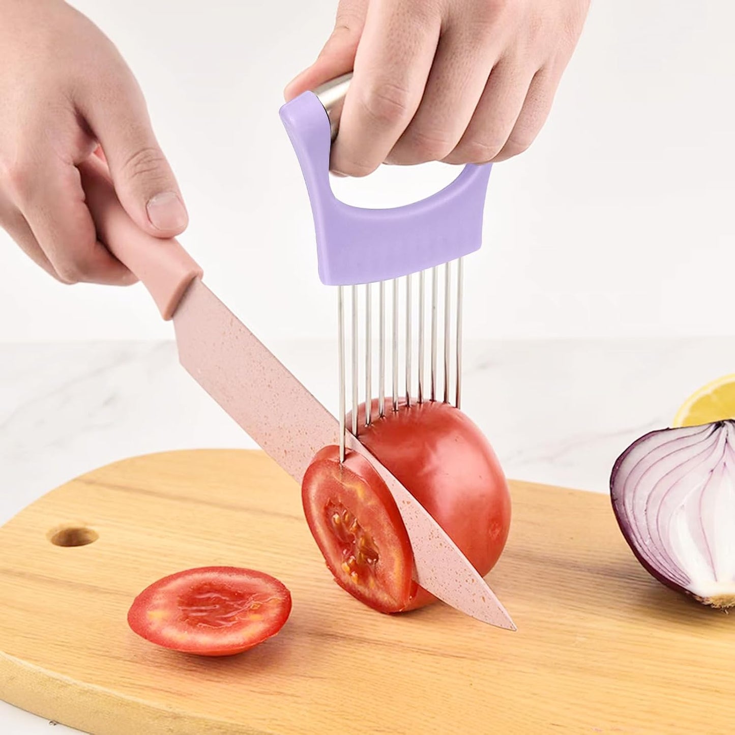 Stainless Steel Onion Holder for Slicing,Onion Slicer Holder,Kitchen Gadget | Purple Onion Slicer Holder, Onion Cutter for Slicing of Onions, Tomatoes, Avocados, Eggs and Other Vegetables