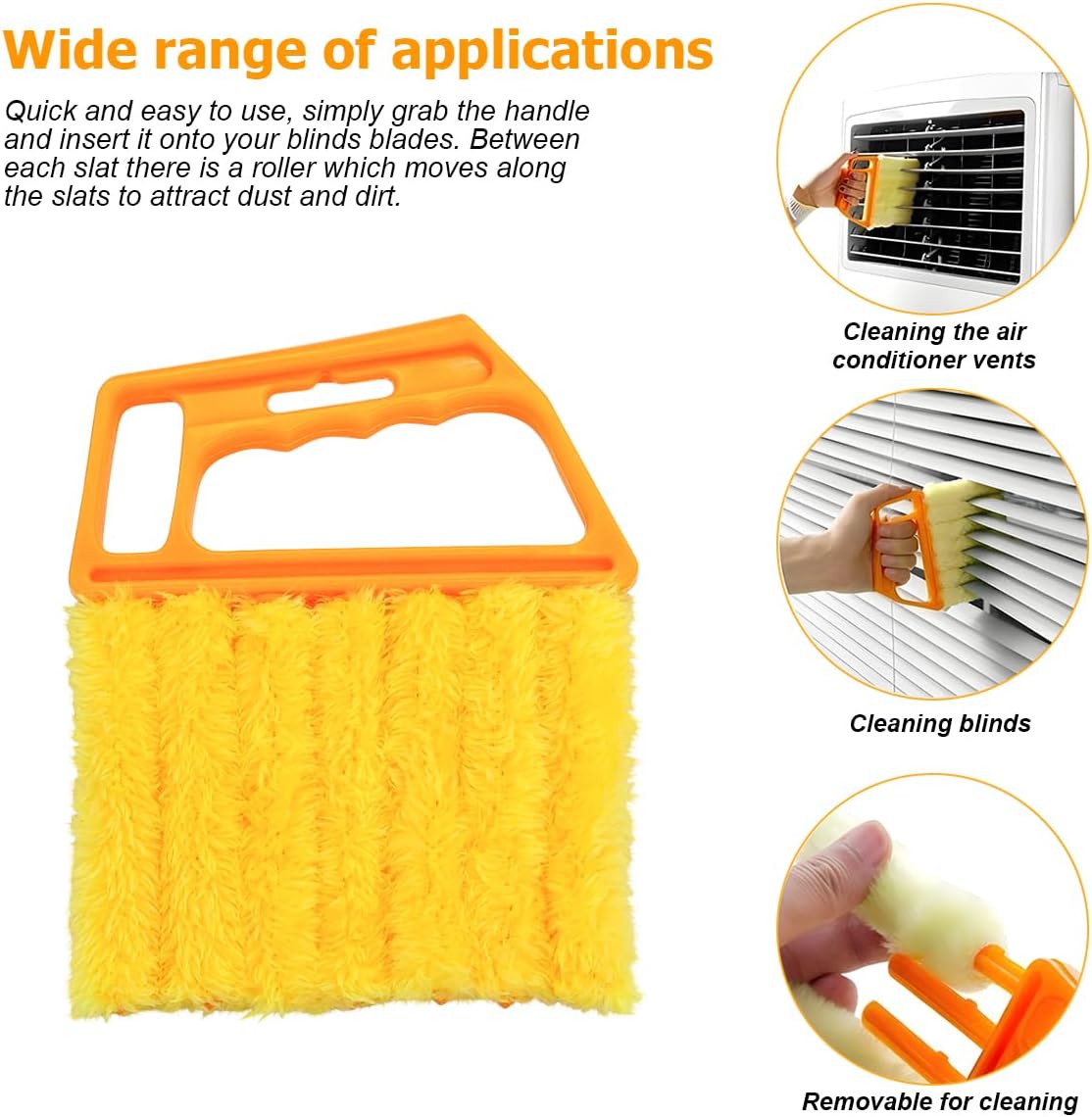 3PCS 6.3 Inch 7-Finger Microfiber Vent Cleaning Brushes, Orange | PP handles, detachable washable cloths, reusable design, reaches narrow grille gaps, automotive cleaning tools
