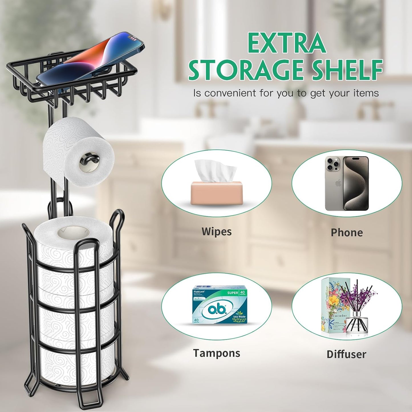 TomCare Toilet Paper Holder Free Standing with Shelf, Stable 4 Raised Feet | Stores 4 Mega Rolls, Tool-Free Assembly, Powder-Coated Metal Frame, Bathroom Storage Organizer for Spare Rolls, Silver