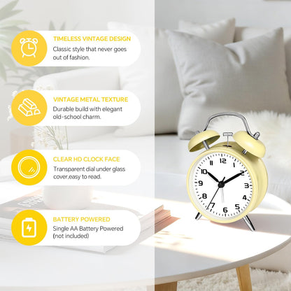 4.5" Metal Loud Alarm Clock for Heavy Sleepers Adults, Analog Battery Operated Alarm Clock with Bells Glow in Dark Numbers, Silent Old School Bedside Desk Clock for Bedroom Office Kids, Black
