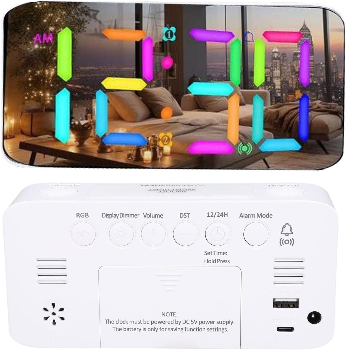 Dpofirs Alarm Clock for Heavy Sleepers with Bed Shaker, 7 Inch Mirror Display, RGB Night Light, 115dB Extra Loud Volume, Dual Alarms, USB Charger for Adults Seniors (Black)