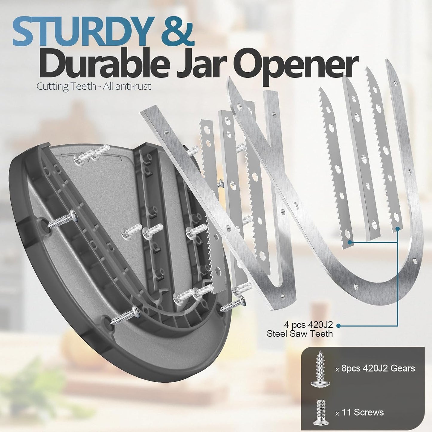 Mount-on Cabinet Jar Opener for Weak Hands,Seniors with Arthritis,Double U Shaped Grooves Grip Bottle Opener for Any Size Lid,304 Stainless Steel One-Handed Can Opener Tool for Home Assistance,Blue