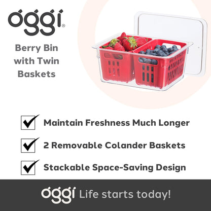 Oggi Berry Container for Fridge - Double Colander Basket - Ideal Berry Containers for Fridge, Includes Berry Colander Insert (8.75" x 6.75" x 3.75"), Red