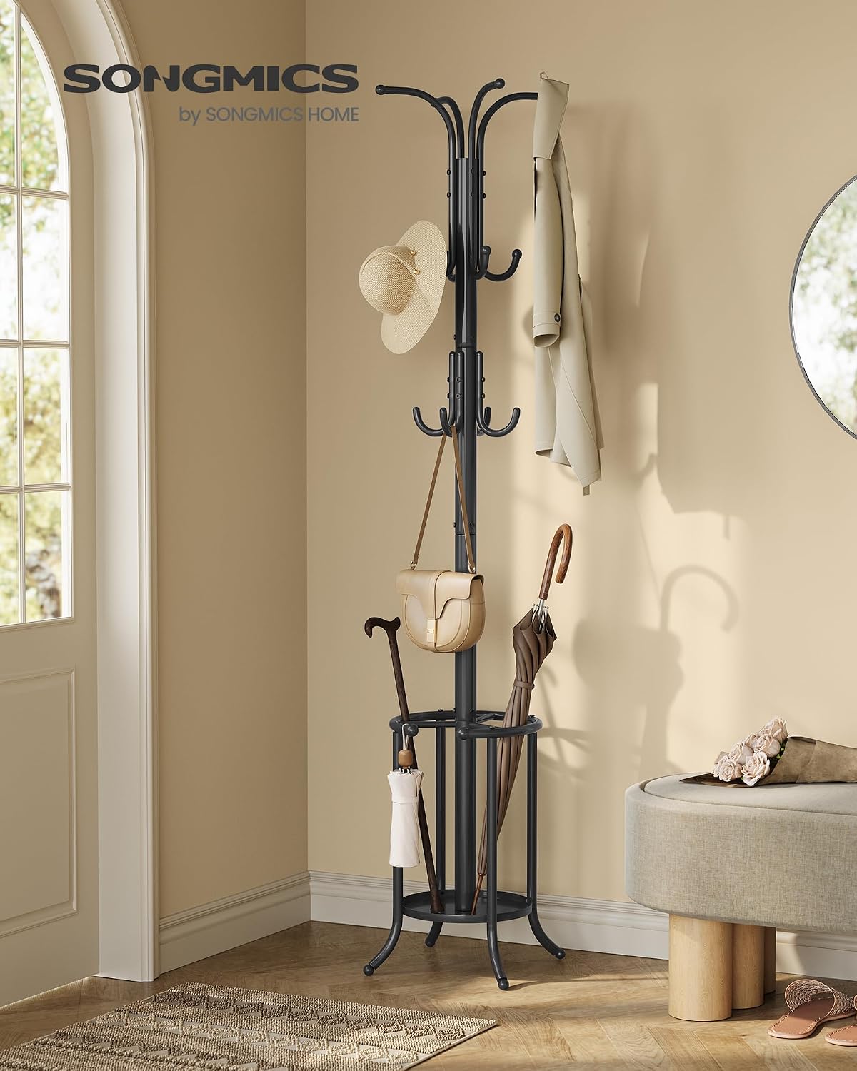 SONGMICS Coat Rack Freestanding Metal Coat Rack Stand with 12 Hooks | Coat Rack with Umbrella Holder