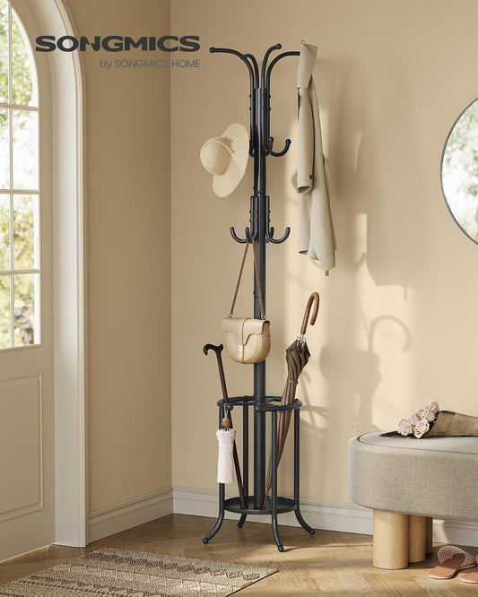 SONGMICS Coat Rack Freestanding Metal Coat Rack Stand with 12 Hooks | Coat Rack with Umbrella Holder