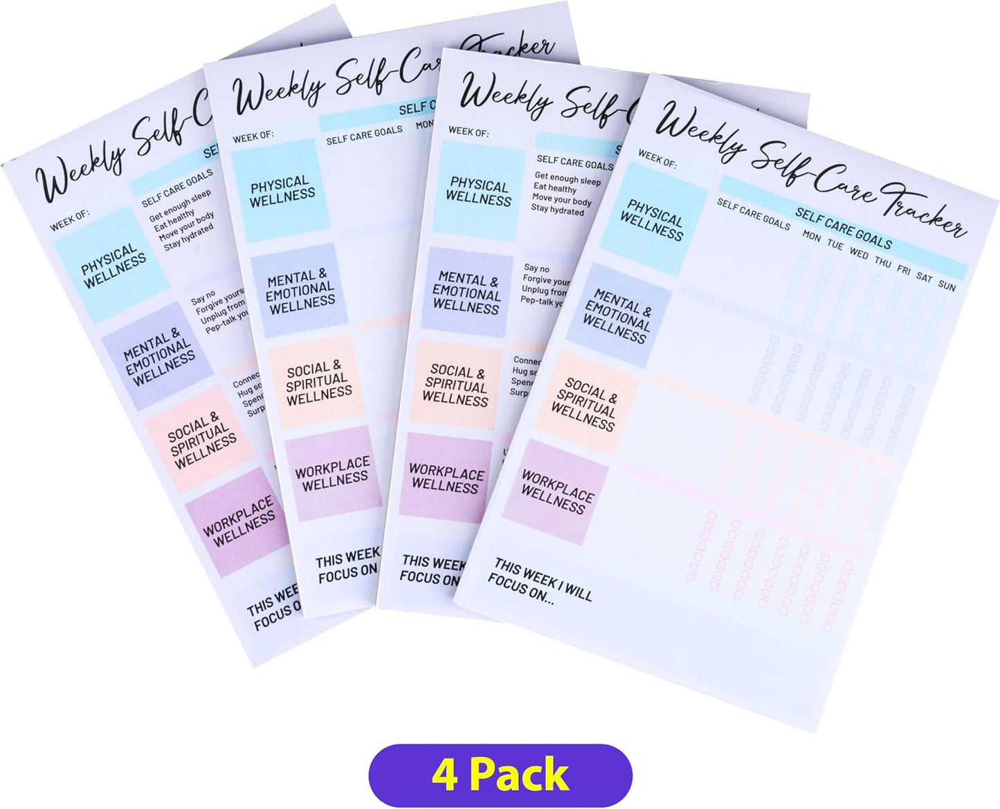 4 Pack Self Care Weekly Tracker Notepads (2 Blank + 2 Guided), 6 ''x 9'' | Planner Pads, 52 Pages Each, Undated Self Care Pads for Physical, Mental and Emotional, Social and Spiritual, Workplace