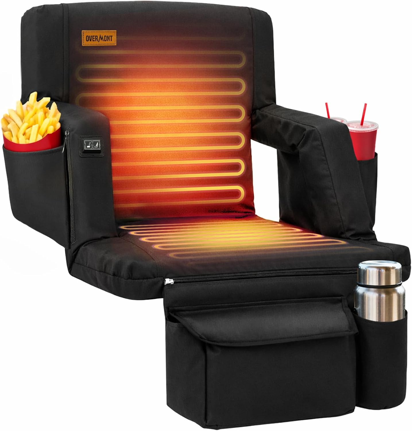 Overmont Heated Wide Stadium Seats 2 Pack, Dual-Zone Heat | 3 Heat Levels with Independent Control, 6 Recline Positions, Soft Cushion, Hooks and Pockets for Sport Camping Concerts