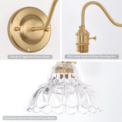 Shenmoyl Battery Operated Wall Sconce Wall Lamp with Green Lily of the Valley Shade Pattern Glass Adjustable Chain Retro Gold Wall Mounted Light, Modern Wall Lamp Fixtures Decor for Bedside Bedroom