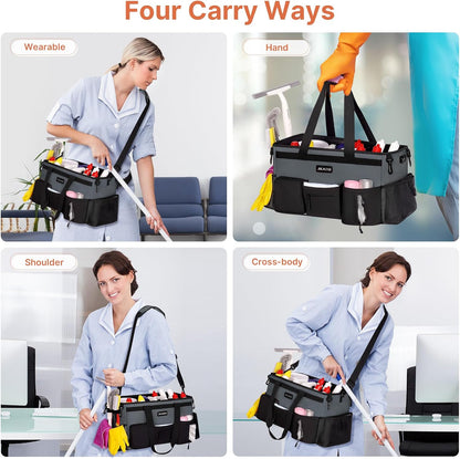 JKAOO Large Wearable Cleaning Caddy Bag with Handles, Denim Blue | Adjustable Shoulder & Waist Straps, Removable, Waterproof Tote for Cleaning Supplies, Home, Car, Office