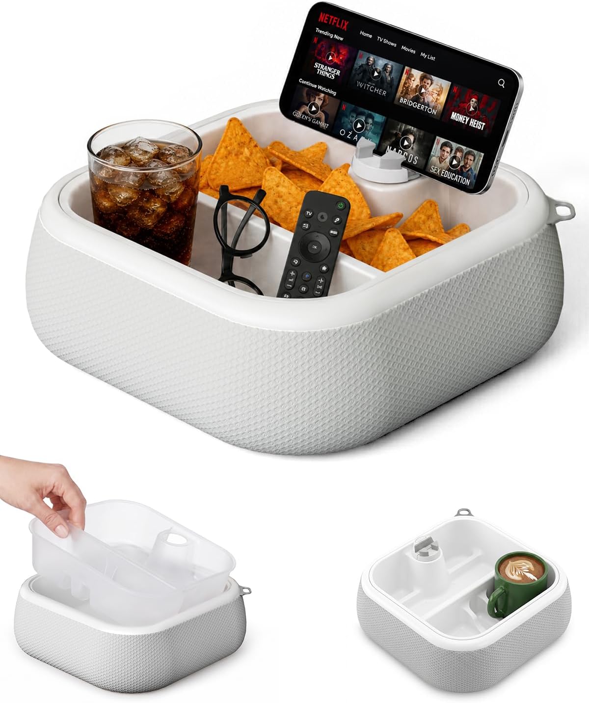 Bedside Caddy with Phone & Kindle Stand, Couch Organizer Tray with Adjustable Tablet Holder, Bed Organizer Storage Basket with Removable Dividers for Remote Controls, Snacks and Bedroom Essentials