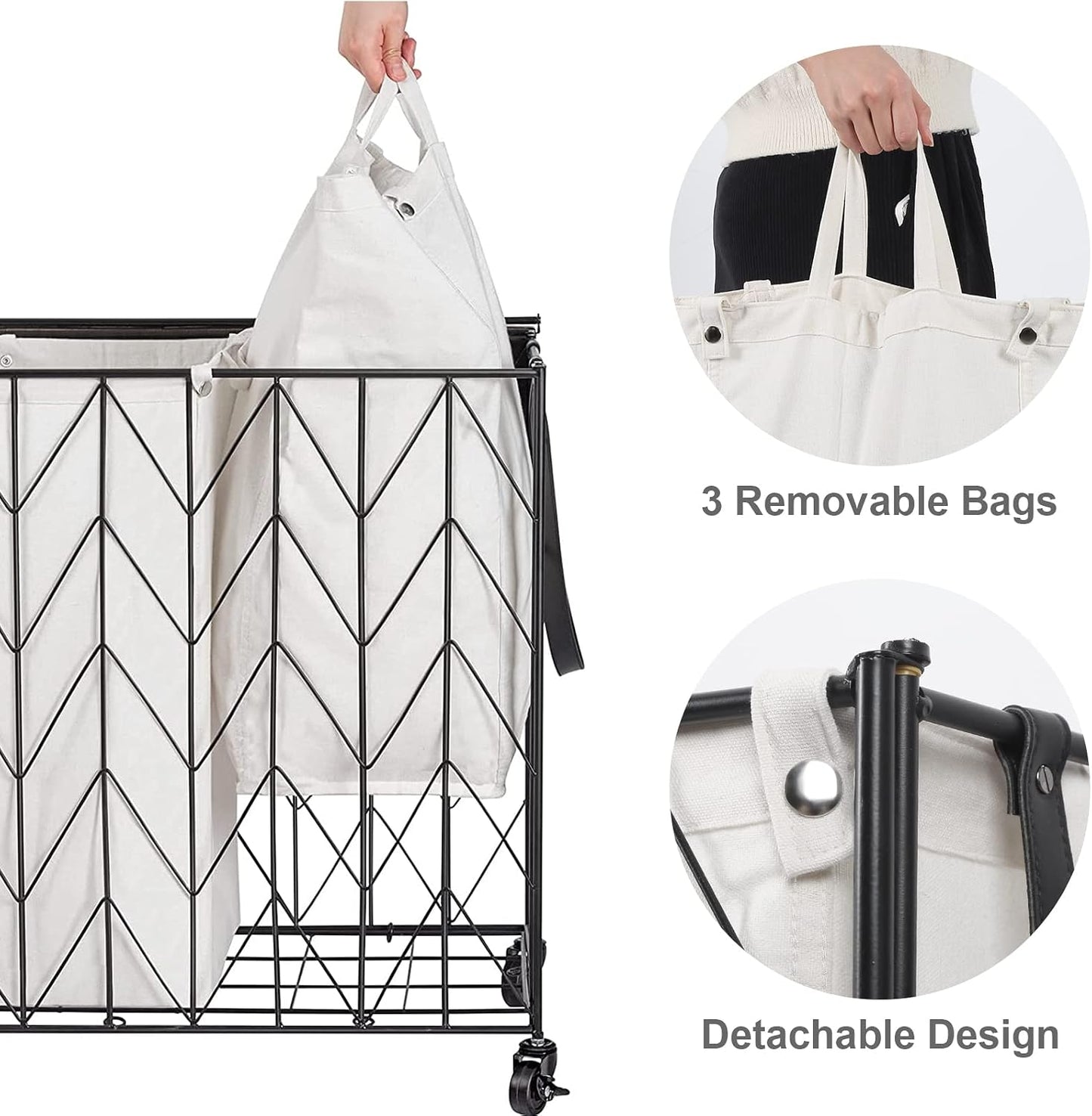 WOWLIVE Laundry Hamper 3 Section with Lid, 142L Laundry Basket with Wheels | Rolling Dirty Clothes Hamper with Removable Bags, Large Iron-Made Laundry Basket Organizer Laundry Sorter for Dorm, Beige