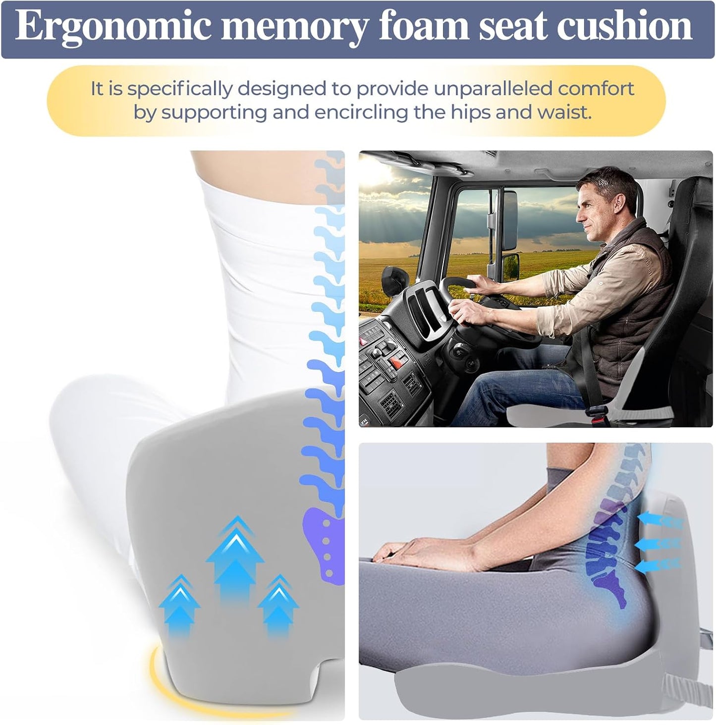 Memory Foam Seat Cushion for Sciatica & Back Pain Relief - Ergonomic Chair Pad with Adjustable Strap & Supportive Comfort Cover, Non-Slip for Car, Truck, Office Chair - Dark Gray&Light Gray