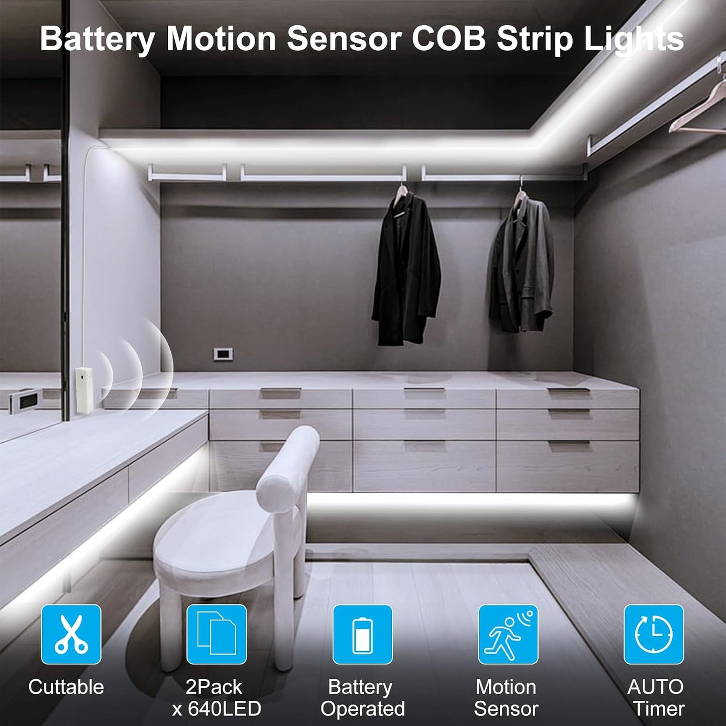 2 Pack Battery COB Motion Sensor Strip Lights with Day & Night Modes | 6.6Ft 640 LED Under Cabinet Flexible Tape Lights for Bedroom Kitchen Stair Shelf, 6000K Cool White