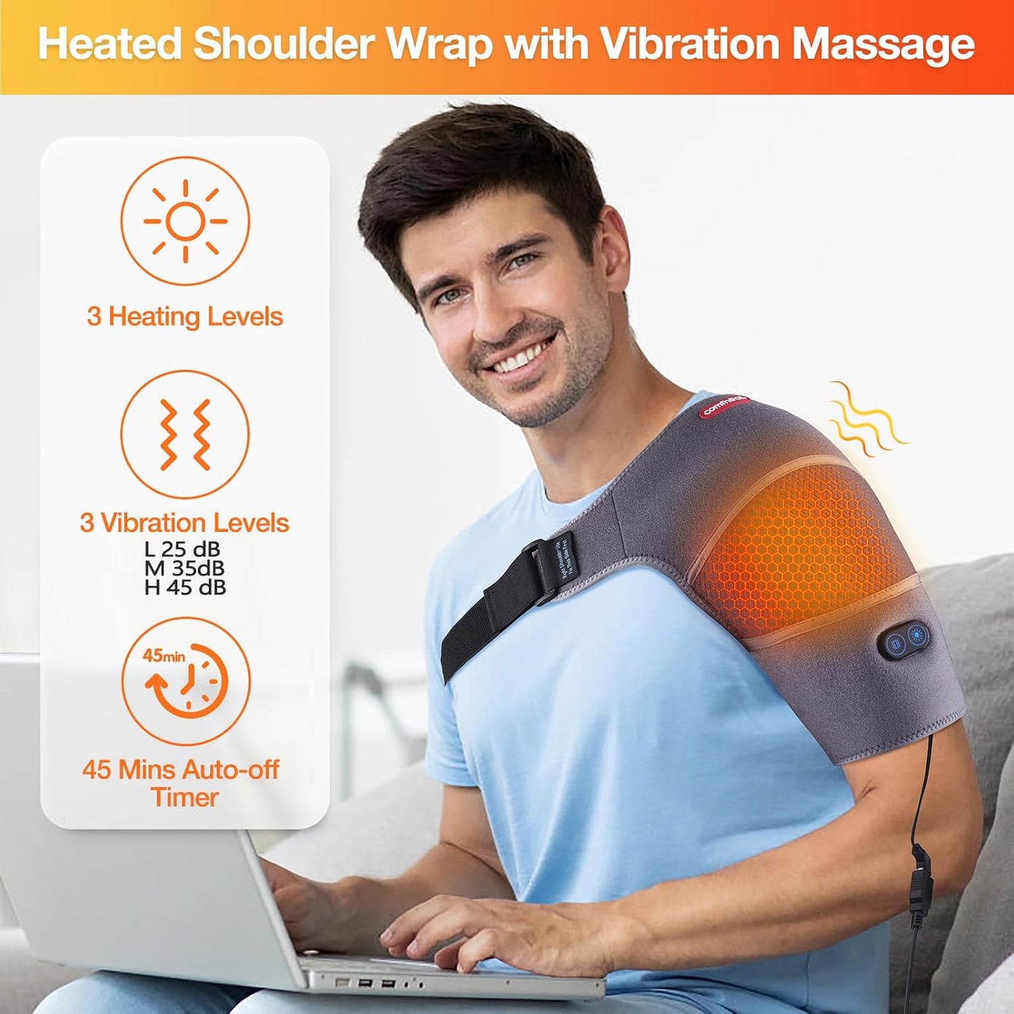 Shoulder Heating Pad Massager for Rotator Cuff Frozen Shoulder | Pain Relief Heated Shoulder Wrap with Vibration Massage USB Powered for Women Men Travel Outdoor, Non-rechargeable
