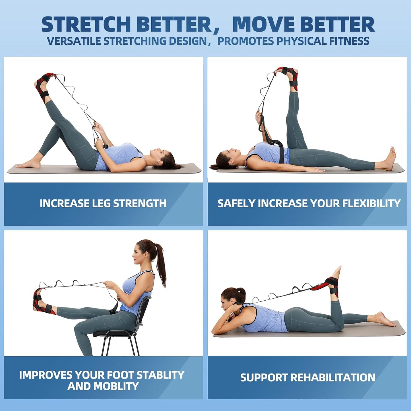 Foot and Calf Stretcher Stretching Strap For Plantar Fasciitis, Heel Spurs, Foot Drop, Achilles Tendonitis & Hamstring. Yoga & Leg Stretch Strap. (Red)