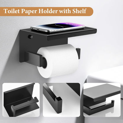 TURS Bathroom Hardware Set Black 4-Piece Towel Bar Set Include 24 Inch Towel Bar Hand Towel Holder Towel Hook Toilet Paper Holder with Shelf Wall Mounted Stainless Steel Bathroom Accessories Set