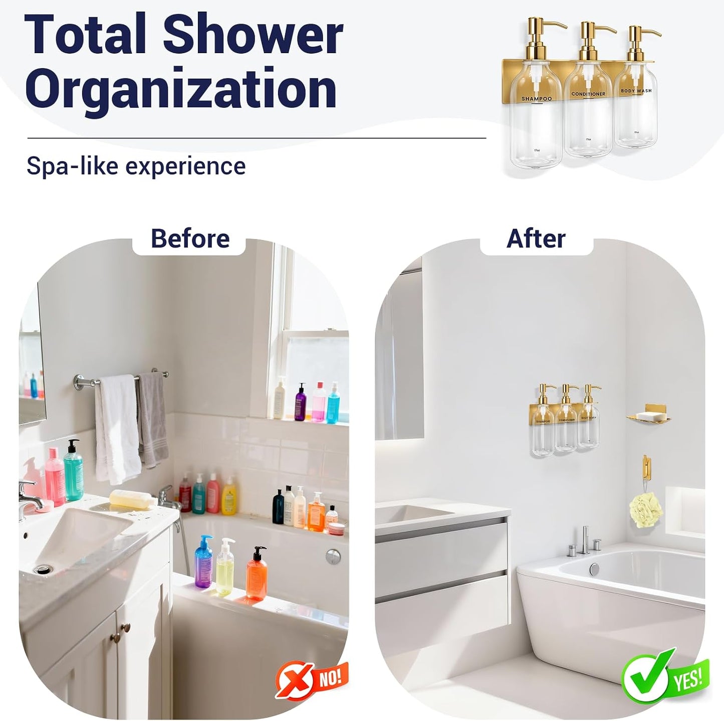 Shampoo Conditioner Body Wash Dispenser Bonus Soap Dish and Hook, Clear | 17 fl oz Set of 3 Clear Plastic Bottles with Black Pumps, Drill Free Adhesive Bathroom Organizer, Dorm Room Essentials