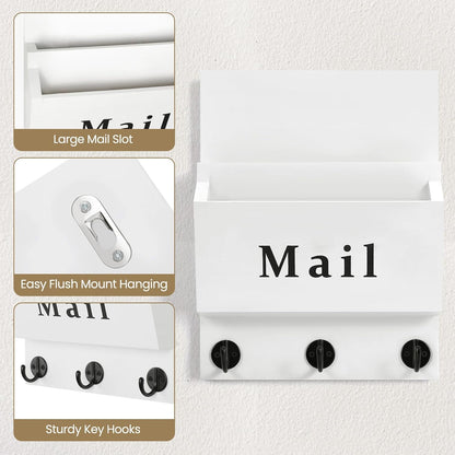 Mail and Key Holder, Wall Key Holder with 2 Mail Organizer Slot and 3 Hooks | Decorative 8.86" x 11.42" Mail Holder, Real Paulownia Wood with Keyhole Brackets, Hardware and Instructions