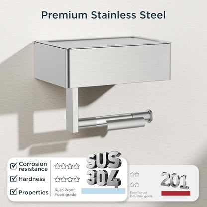 FORIOUS Toilet Paper Holder with Shelf, Wall-Mounted Modern Wipes Dispenser | Brushed Nickel | Toilet Paper Holder with Storage for Bathroom | Fits Wipes, Sanitary Napkin, Tampon | 8.0"x5.3" Large Shelf
