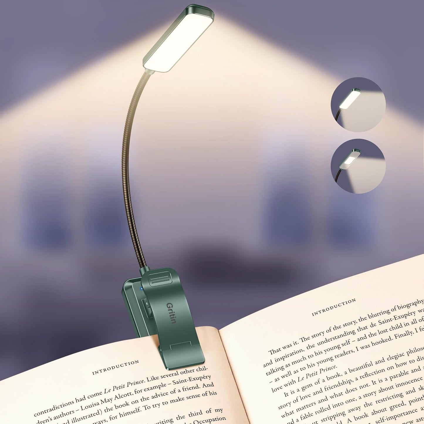 Gritin 2026 Gen 2 Book Light for Reading- 30 Eye Caring Full Spectrum LED | 5 Colors & 5 Brightness, Adjustable Wide/Narrow Beam, Upgrade 1500mAh Long-Lasting Rechargeable Clip on Light for Book Lovers