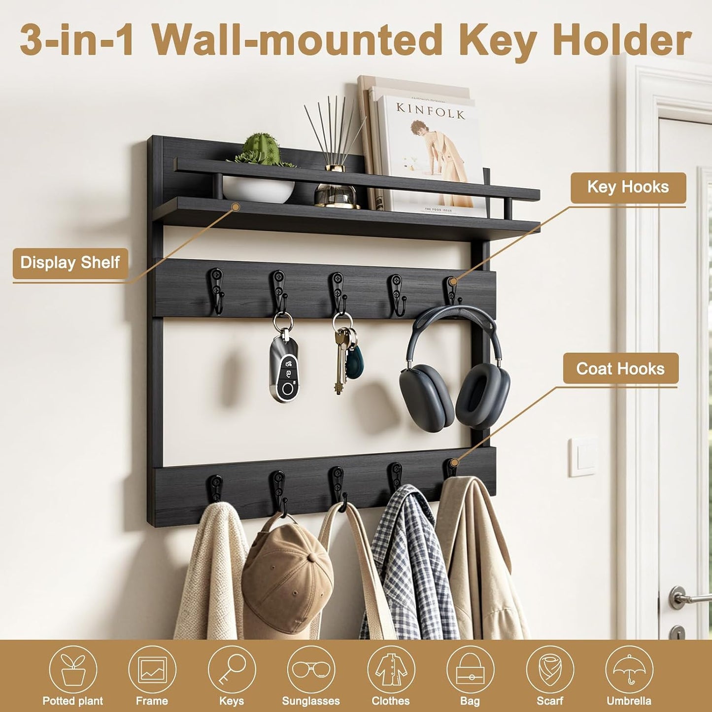 Two-Tier Wall Key Holder with Shelf,Wooden Key Holder Wall Mount | 4 in 1 Coat and Key Hanger with 10 Metal Hooks,Entryway Key Holder with Shelf,Mail Holder for Wall,Mail Organizer