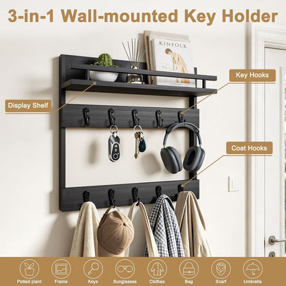 Two-Tier Wall Key Holder with Shelf,Wooden Key Holder Wall Mount | 4 in 1 Coat and Key Hanger with 10 Metal Hooks,Entryway Key Holder with Shelf,Mail Holder for Wall,Mail Organizer
