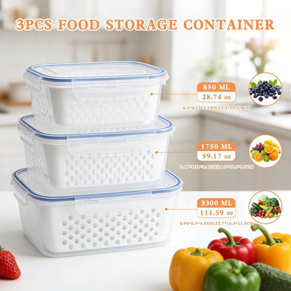 4 in 1 Food Storage Container,Fruit Storage Containers for Fridge,Produce Storage Containers with Lid and Strainer,Including Drain Basket,Keep Berry Fruit Fresh Longer(3PC-White)