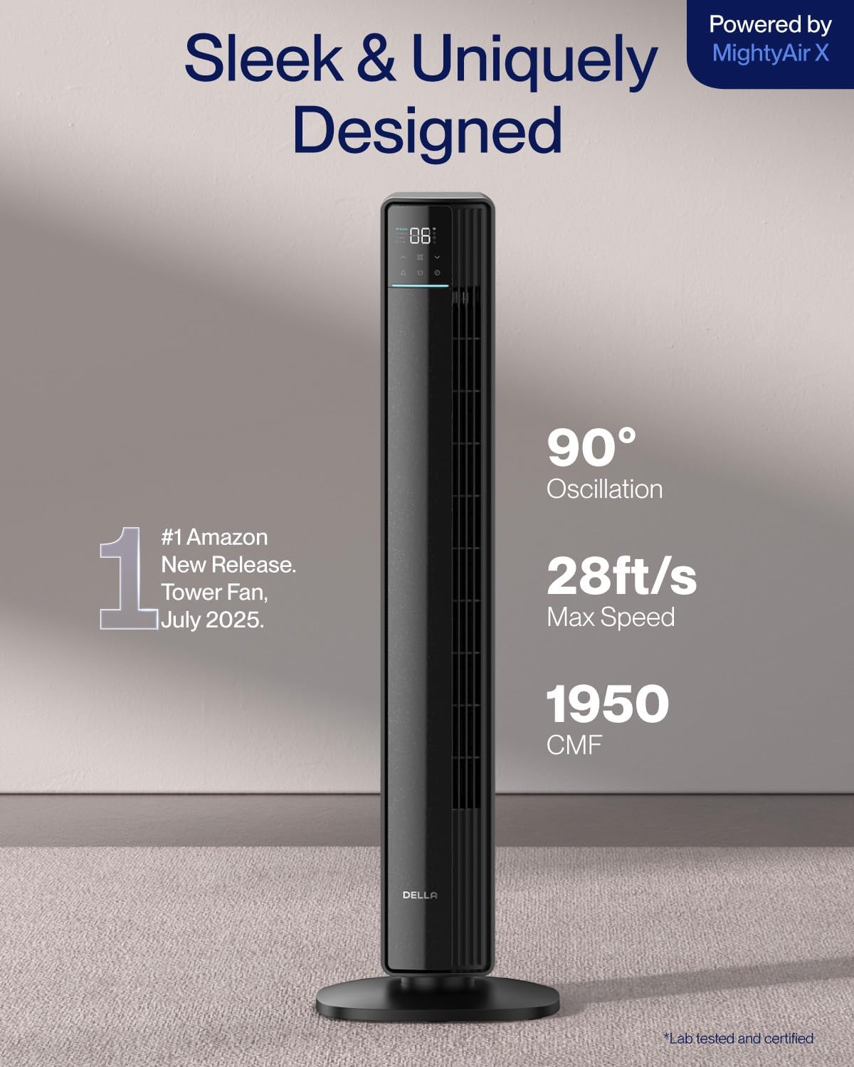 Della 42" Smart Tower Fan, Ultra Quiet 23dB Cooling Fan with 12 Speeds, 90° Oscillating, 28ft/s Airflow, DC Motor, 24H Timer, Voice/App/Remote Control for Bedroom Office Living Room, White