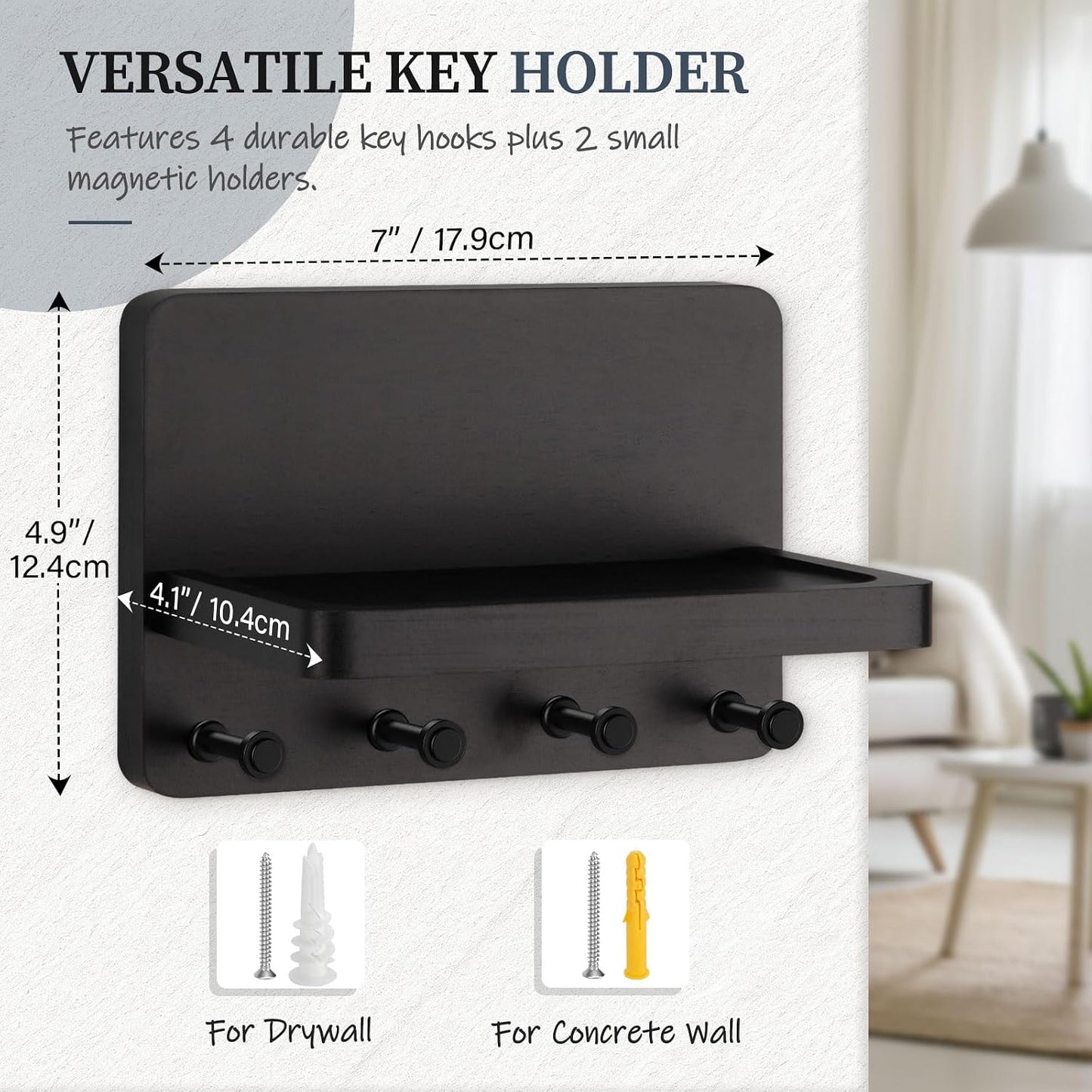 Nekon Key Holder for Wall with Shelf, Pine Wooden Key Hanger, Black | Small Wall Mounted Key Holder with 4 Hooks, Farmhouse Wall Organizer for Home Entryway & Apartment