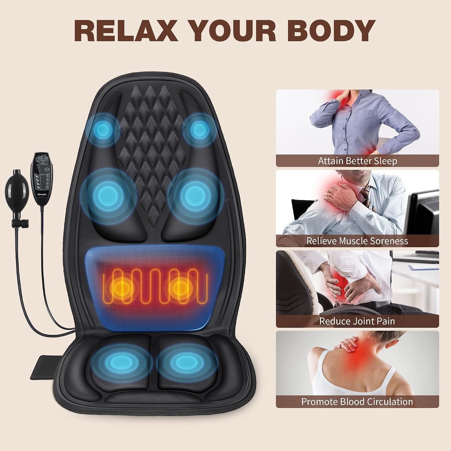 Vibration Massage Seat Cushion with Lumbar Heat, 8-Motor Back and Seat Massager Pad, Manual Lumbar Support, 9 Modes and 3 Intensities for Office Chair, Sofa and Recliner