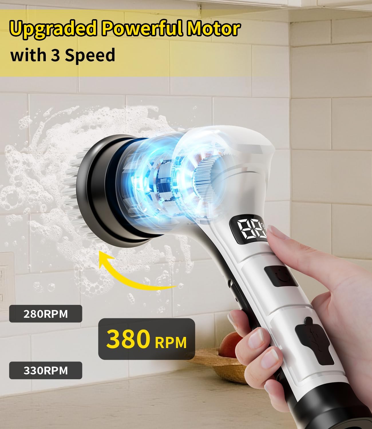 Electric Spin Scrubber, Cordless Household Cleaning Brush with 6 Replaceable Heads, 3 Speeds, LED Display, Lightweight Handheld Power Scrubber for Cleaning Stove/Bowl/Sink/Corner/Tile/Grout-Black