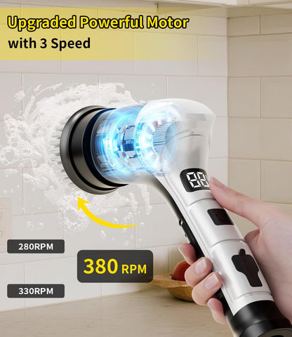 Electric Spin Scrubber, Cordless Household Cleaning Brush with 6 Replaceable Heads, 3 Speeds, LED Display, Lightweight Handheld Power Scrubber for Cleaning Stove/Bowl/Sink/Corner/Tile/Grout-Black