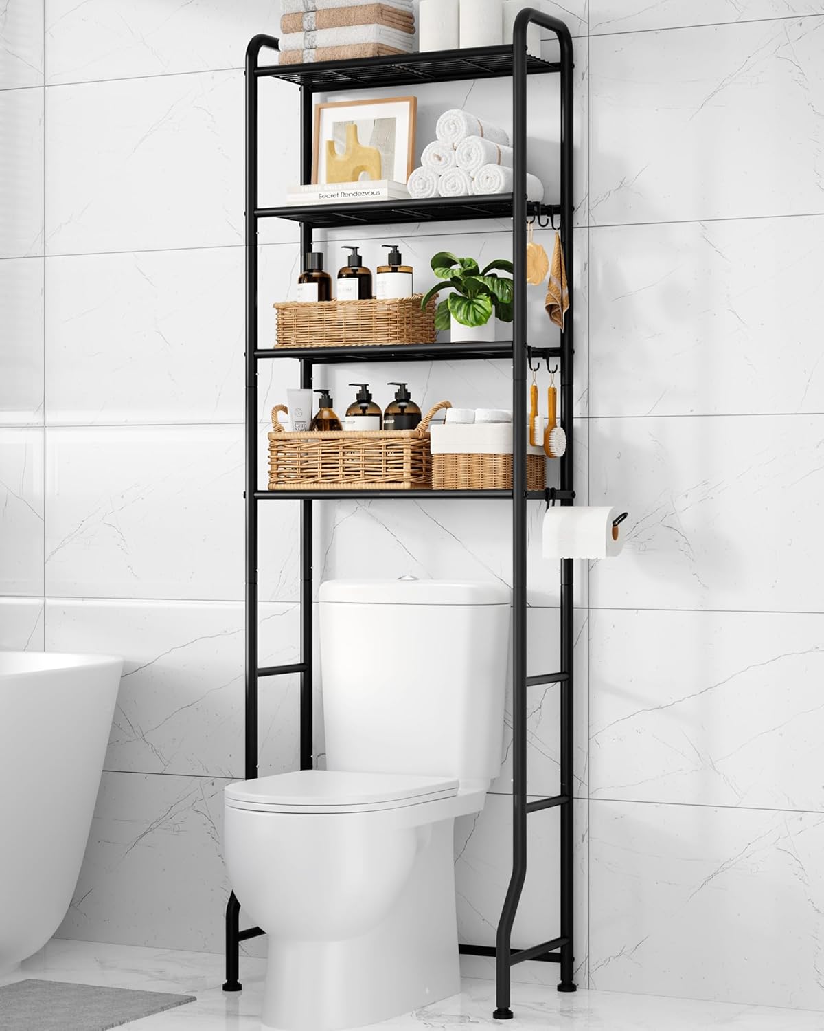 Kitsure Over Toilet Storage Rack, 63.2" H Space-Saving, Holder & Hooks | Bathroom, Laundry Room, Small Spaces, Families, Durable Metal, Black, 3 Tier