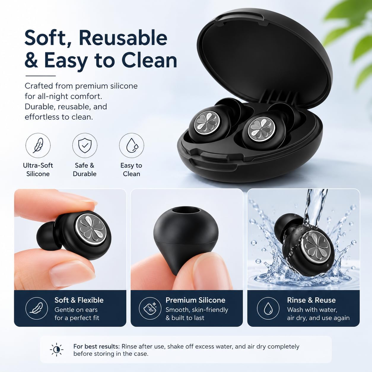HEKKE 45dB Ear Plugs for Sleeping, Soft Silicone for Side Sleepers, 4 Sizes | Reusable soft silicone with XS/S/M/L sizes for side sleepers, concerts, flights and hotels; carrying case included.