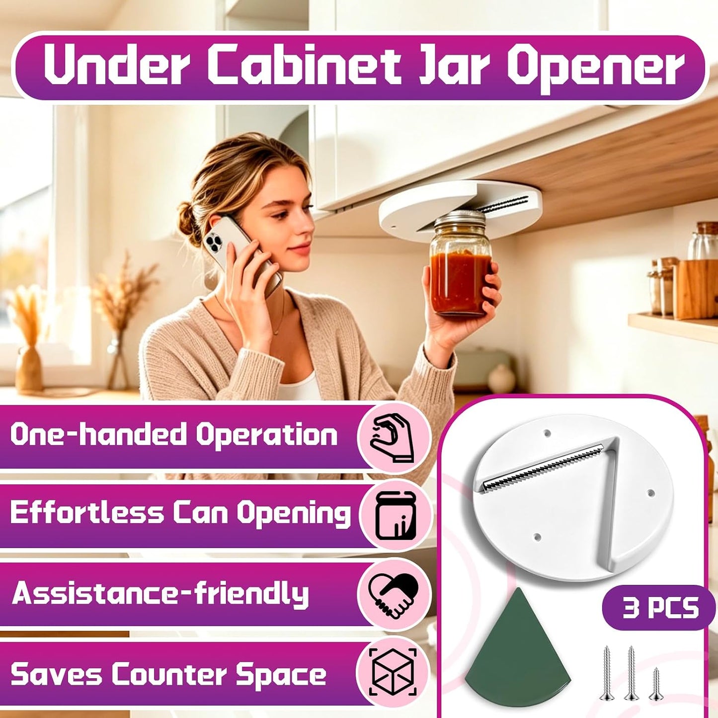 3 Pcs Under Cabinet Jar Openers for Seniors, Weak Hands, White | Easy Grip, Heavy Duty, One Handed