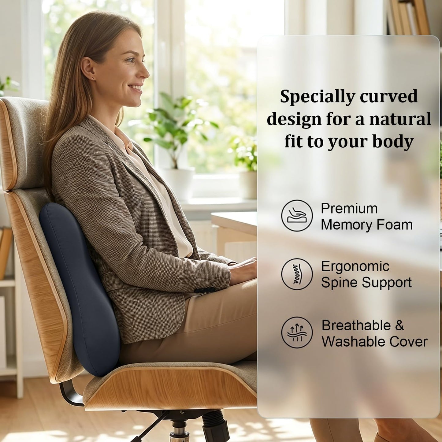 Lumbar Support Pillow for Office Chair Memory Foam Lumbar Cushion with Removable Cover Soft Back Support Pillow Suitable for Car, Couch, Gaming, Dark Blue