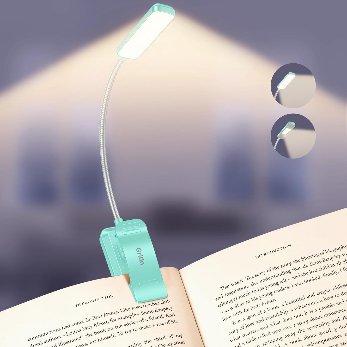 Gritin 2026 Gen 2 Book Light for Reading- 30 Eye Caring Full Spectrum LED | 5 Colors & 5 Brightness, Adjustable Wide/Narrow Beam, Upgrade 1500mAh Long-Lasting Rechargeable Clip on Light for Book Lovers