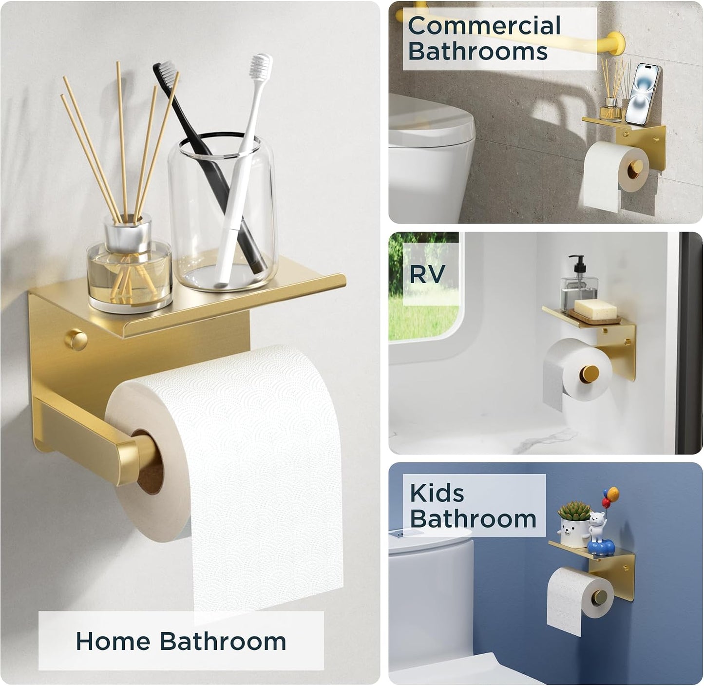 FORIOUS Toilet Paper Holder with Shelf, Adhesive or Screw, Commercial | Brushed Nickel | Wall Mount Bathroom Tissue Holder | SUS304 Stainless Steel Rustproof | Bathroom Tissue Roll Holder