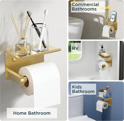 FORIOUS Toilet Paper Holder with Shelf, Adhesive or Screw, Commercial | Brushed Nickel | Wall Mount Bathroom Tissue Holder | SUS304 Stainless Steel Rustproof | Bathroom Tissue Roll Holder