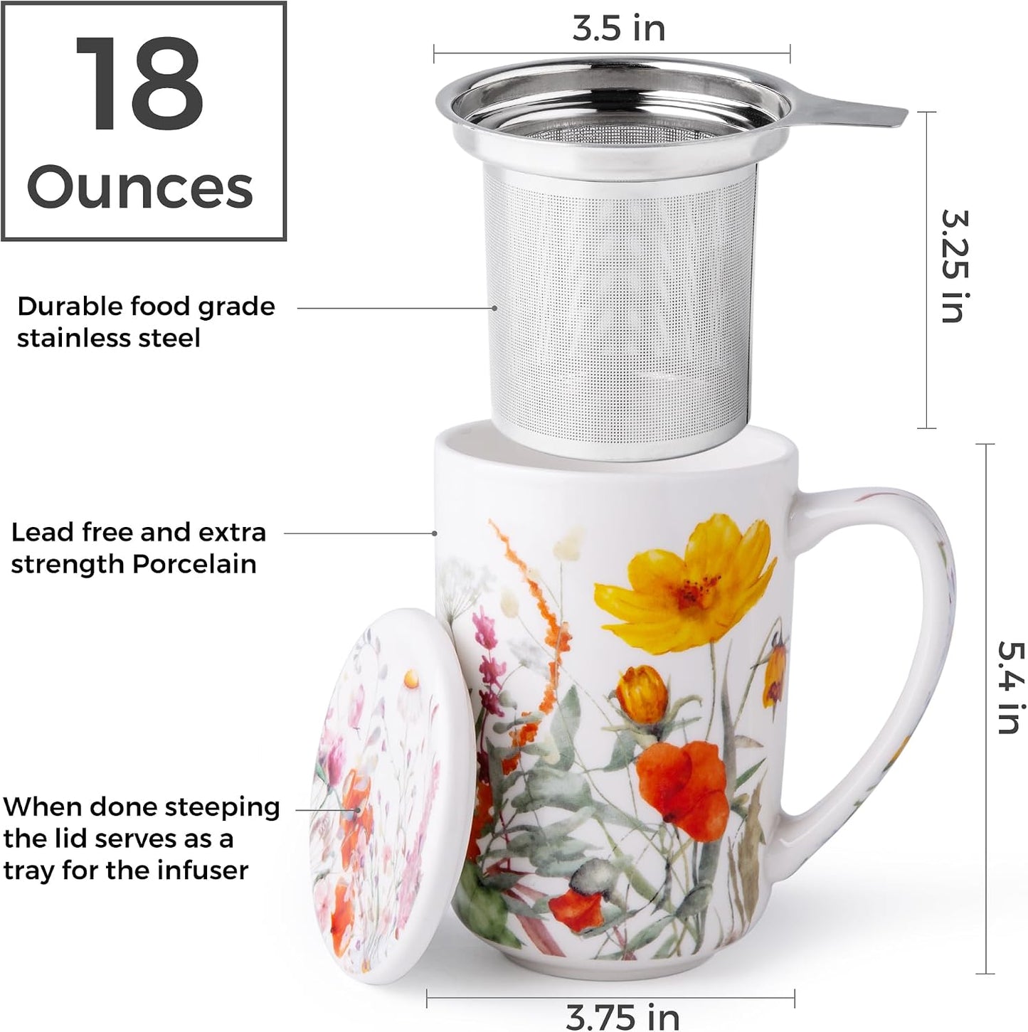 AmorArc Tea Cup With Infuser and Lid, 18oz Loose Leaf Tea Mug With Steeper | Porcelain Tea Mug With Infuser and Lid, Large Strainer Tea Cup with Lid for Tea, Coffee Mug for House-warming Birthday Gift