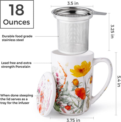 AmorArc Tea Cup With Infuser and Lid, 18oz Loose Leaf Tea Mug With Steeper | Porcelain Tea Mug With Infuser and Lid, Large Strainer Tea Cup with Lid for Tea, Coffee Mug for House-warming Birthday Gift