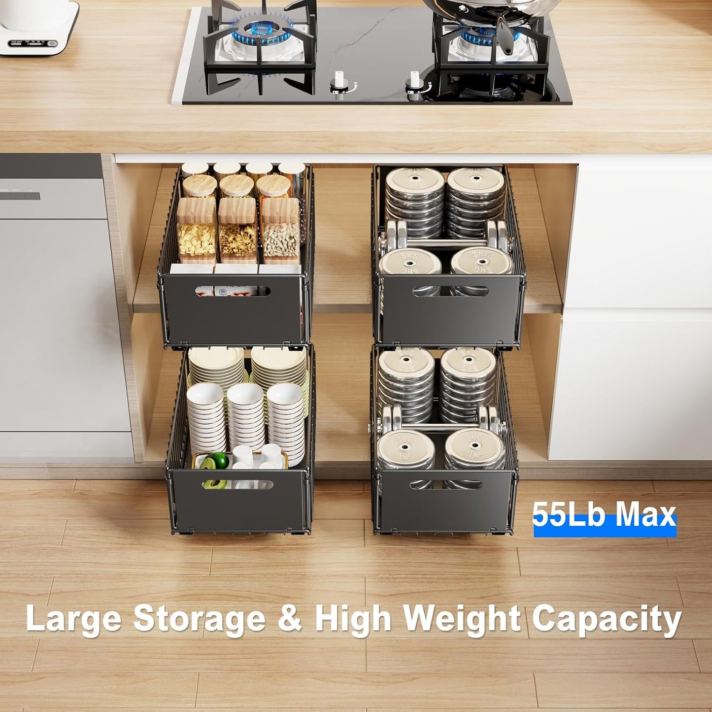 Mustorn 2 Pack Pull Out Cabinet Organizer, Slide Out Drawers for Cabinets, Peel and Stick, Heavy Duty Shelves for Kitchen, Cupboard, Pantry, Bathroom (16.5"D*11.8"W*3.94"H-Black)