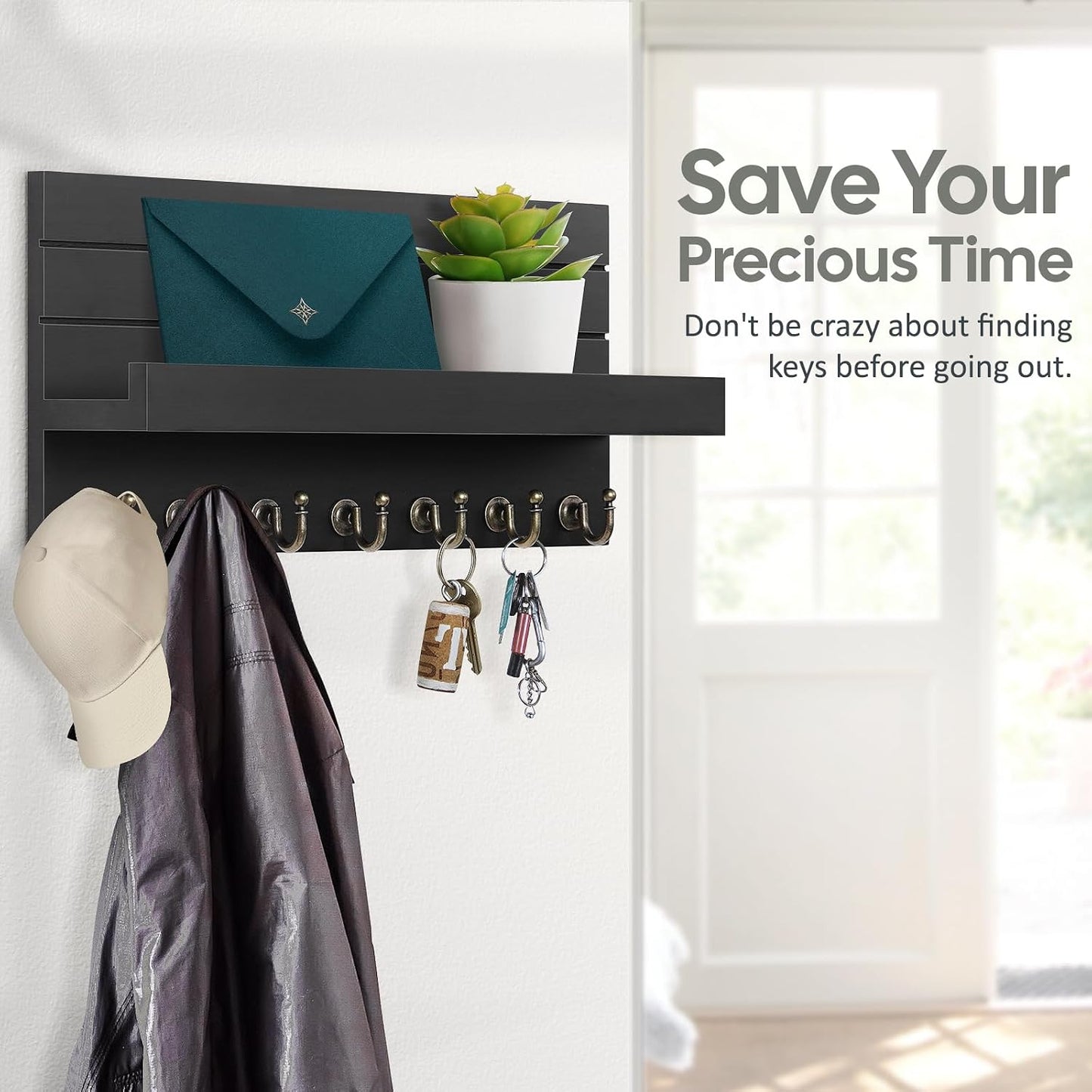 HONJIN Key Holder Wall Mount with Shelf and 5 Sturdy Key Hooks (White) | Key and Mail Holder Wall Mount, Wooden Entryway Organizer and Decorative, Easy Installation, 10*3.8*6.85 Inch