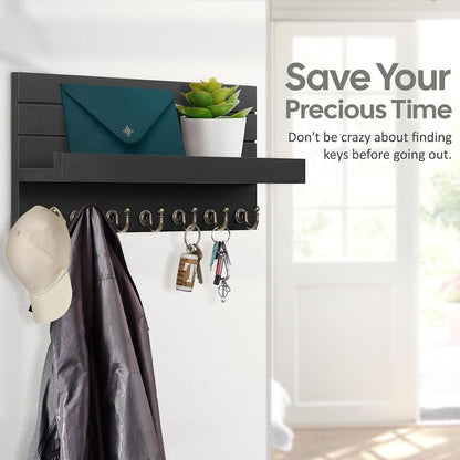 HONJIN Key Holder Wall Mount with Shelf and 5 Sturdy Key Hooks (White) | Key and Mail Holder Wall Mount, Wooden Entryway Organizer and Decorative, Easy Installation, 10*3.8*6.85 Inch