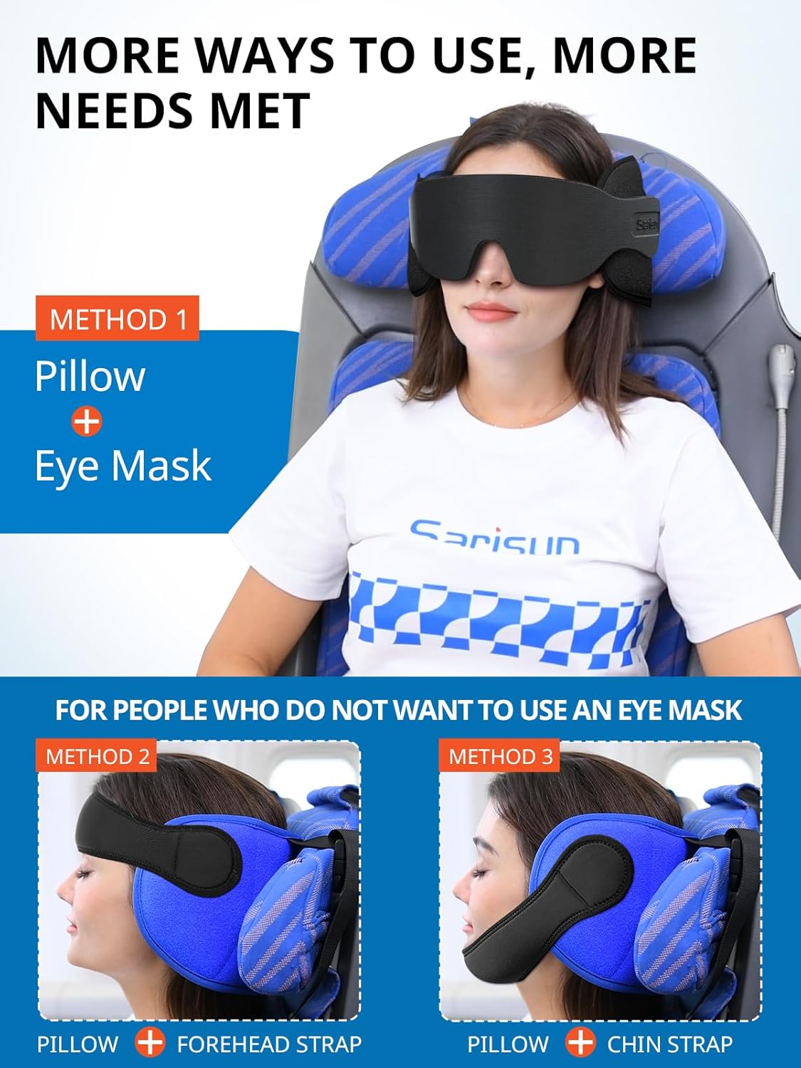 SARISUN Travel Pillow with Chin Strap, Stable Head Support for Long Flight