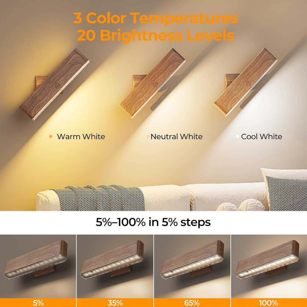 MOITA Battery Operated Wall Sconce Set of 2 Wireless Wall Lamp with Remote Control & Touch Control Rechargeable LED Wall Lights 3 Color Temperatures 360° Rotatable for Bedroom Living Room Black