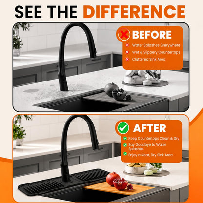 24 Inch Silicone Faucet Mat for Kitchen Sink Splash Guard, W/Sink Baffle | BPA-free silicone, Heat-resistant, non-slip, and built to withstand daily kitchen use, dishwasher safe and simple to rinse